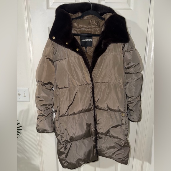 Halston Long Puffer Coat Taupe w/ Faux Fur Collar Size M MSRP $400